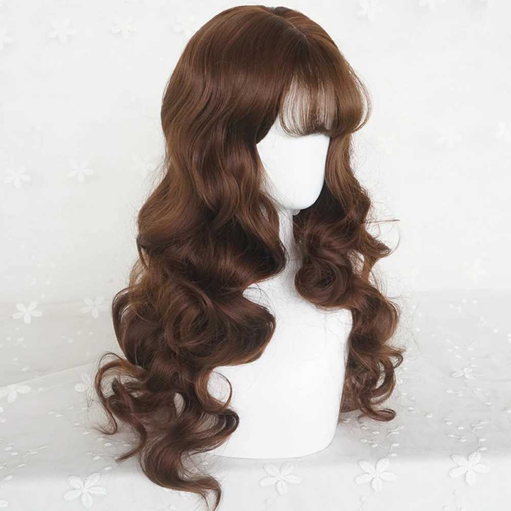 VICWIG long wavy brown wig with bangs synthetic female Lolita cosplay fluffy natural heat-resistant hair wig suitable for daily parties M241028