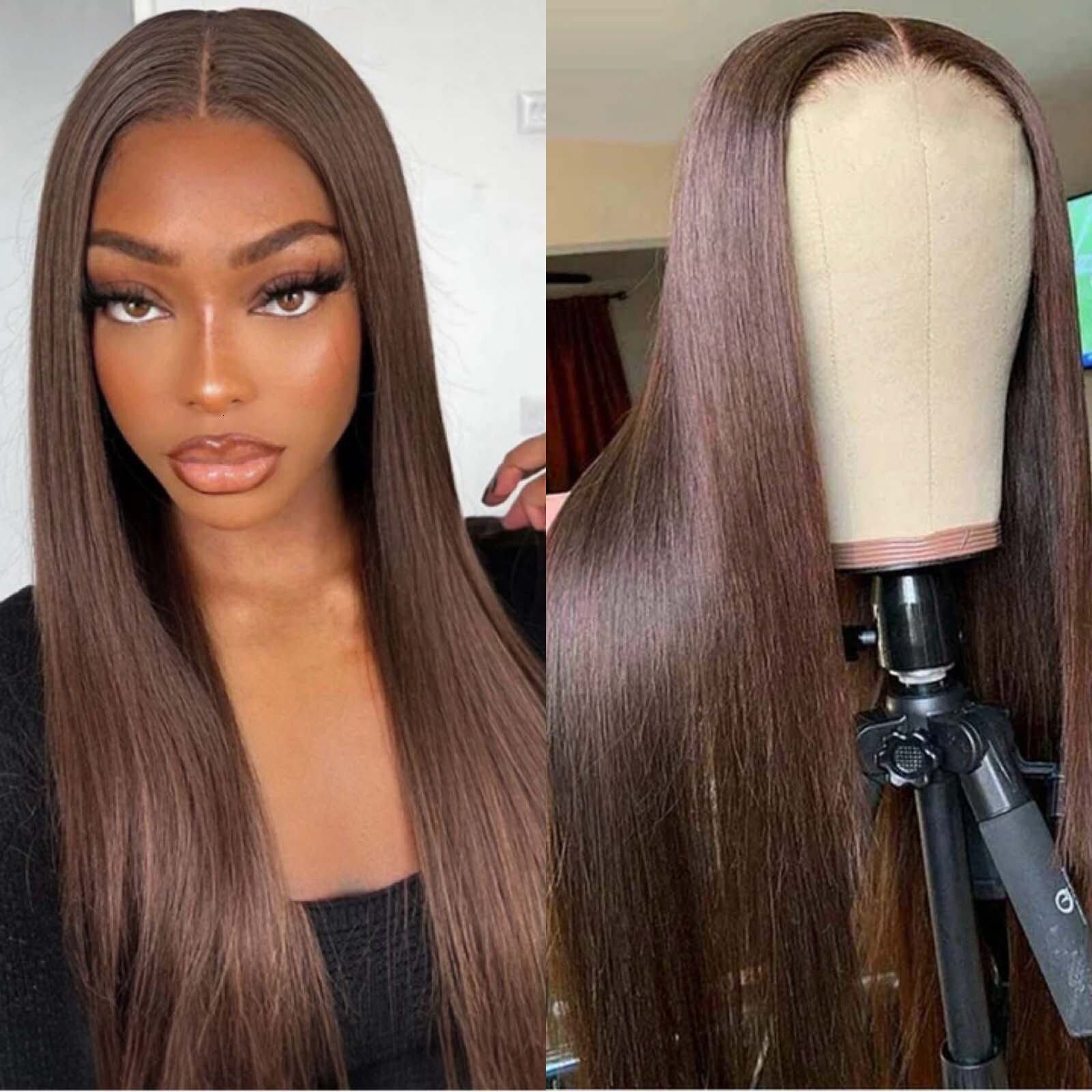 Chocolate Front Long Straight Synthetic Wig Glueless Dark Brown Colored Hair Frontal Lace Wigs for Women Fashion
