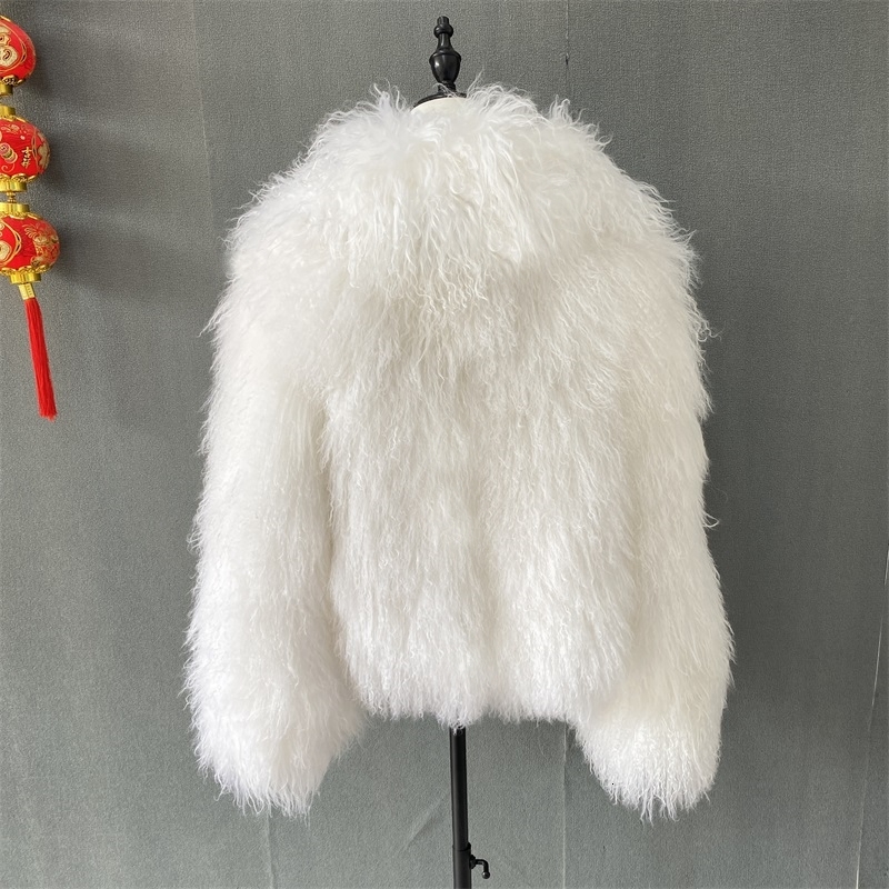 Mongolian Fur Lapel Jacket Women Elegant White Fluffy Solid Thicken Warm Long Sleeves Coats Winter Chic Oversize Lady