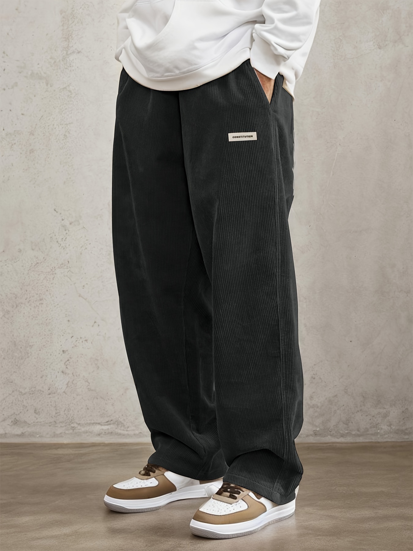 Men's retro style loose corduroy casual pants with slanted pockets - breathable straight waist sports pants, suitable for city walks and outdoor 