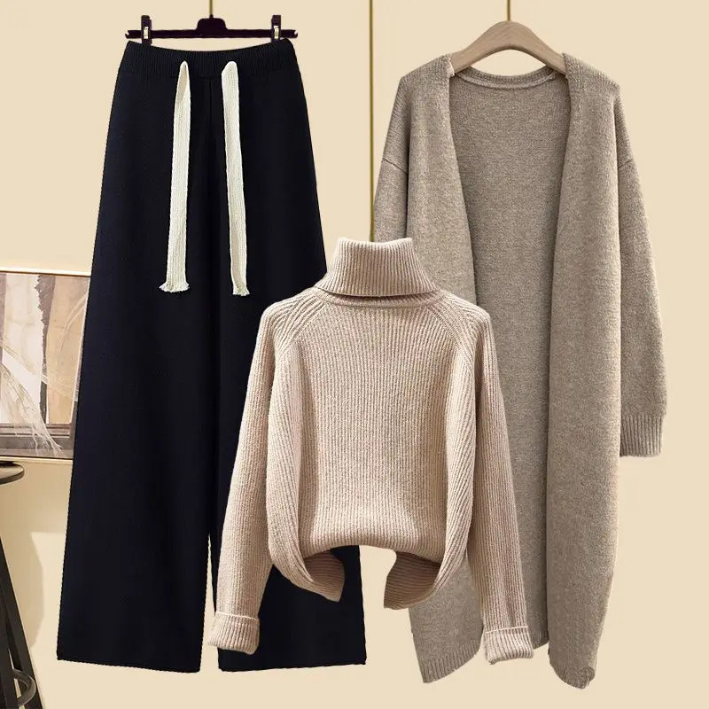 Winter High Neck Knitted Sweater Casual Knitted Windbreaker Knitted Wide Leg Pants Three Piece Elegant Womens Pants Set 241028