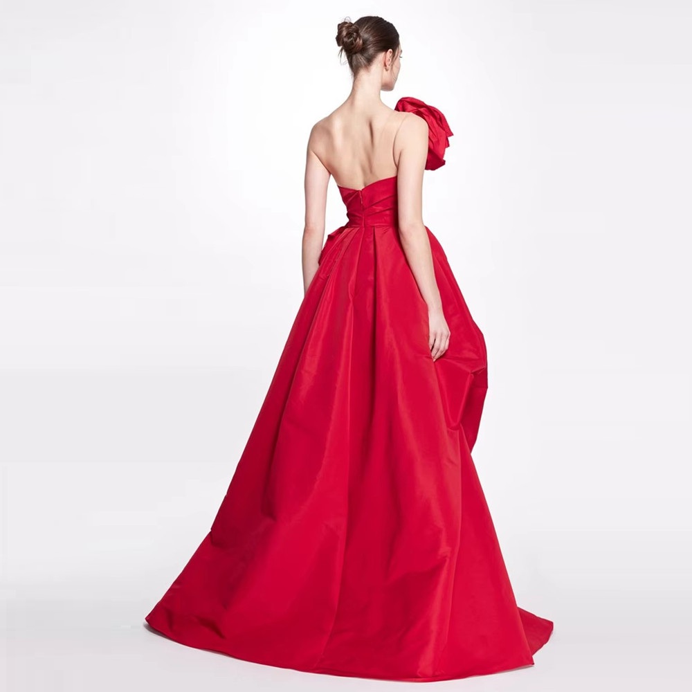 Customized Red Satin Prom Gown A-line 3D Big Flower Evening Formal Elegant Floor-Length One Shoulder Party Dresses 2024