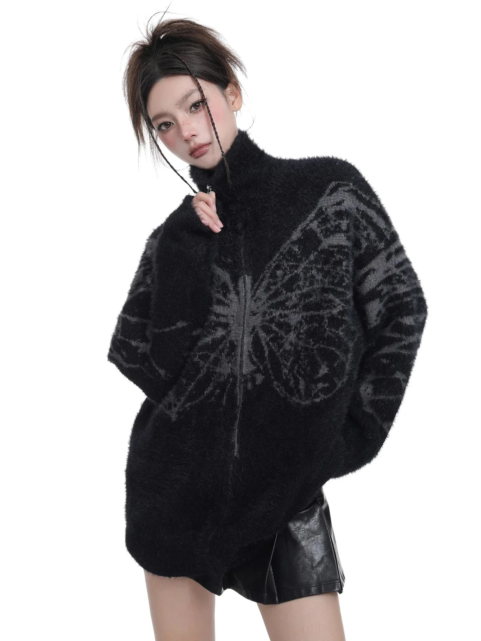 Deeptown Fluffy Oversized Butterfly Zip Up Cardigan Women Grunge Y2k Streetwear Knit Sweater Black Gray Vintage Long Sleeve Tops 241028