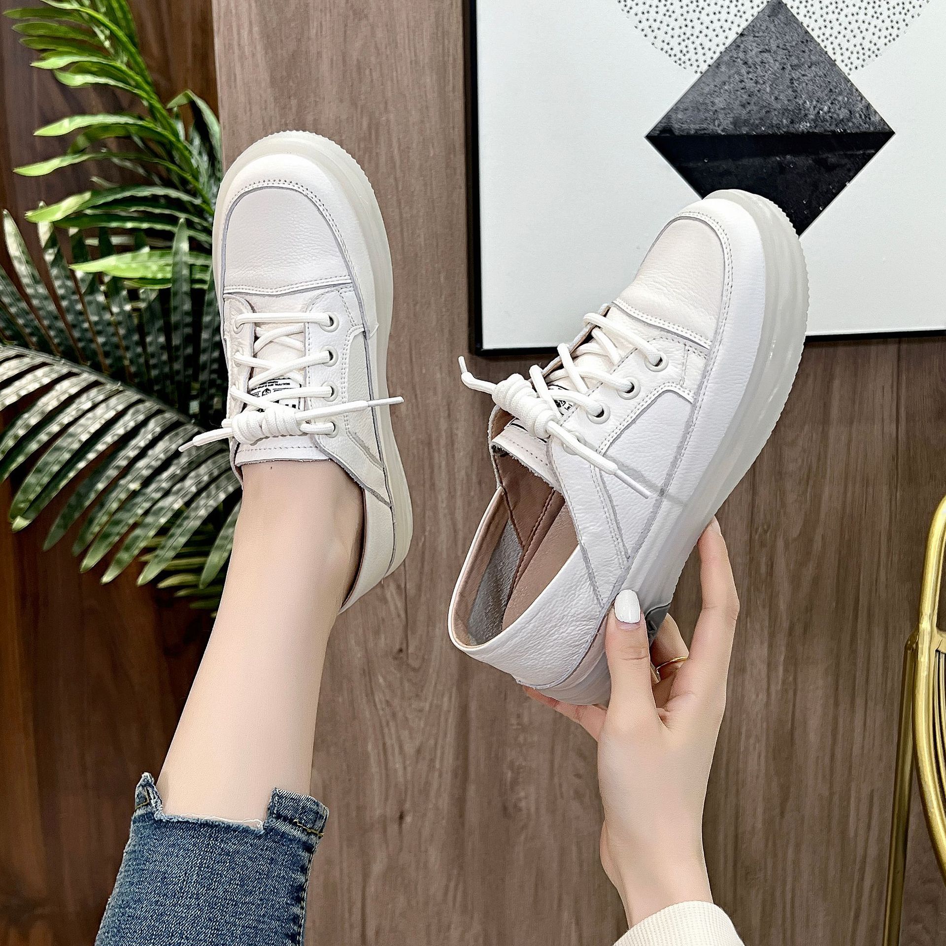 Head layer cowhide small white shoes female summer two wear flat bottom breathable maternity casual shoes leather nurse shoes sports board shoes