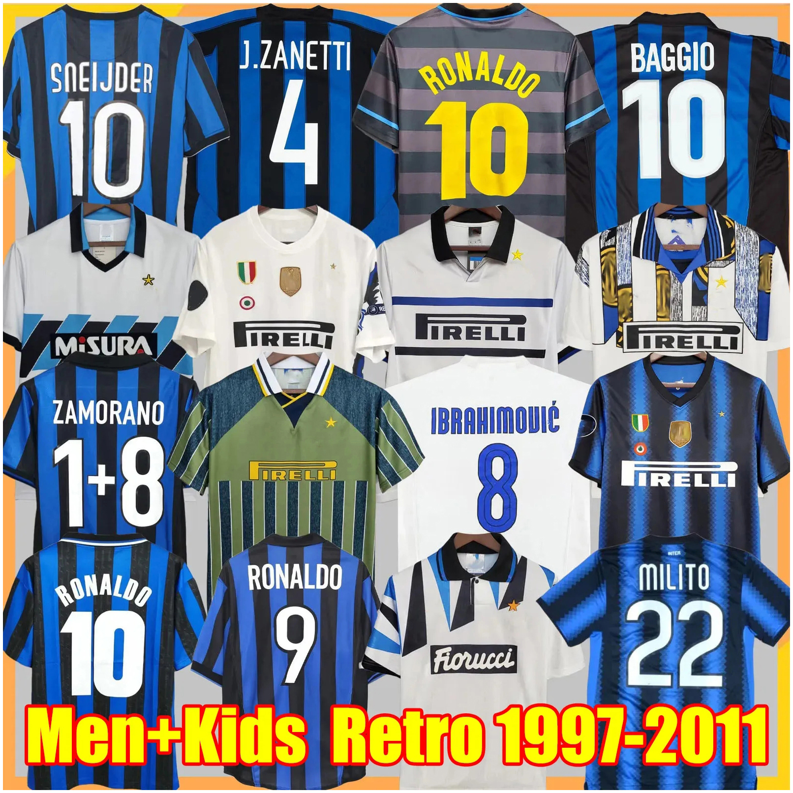 InTers MiLans Retroes soccer jerseys RONALDO FIGO 97 98 03 04 08 09 2009 2010 Finals MILITO J.ZANETTI ADRIANO IBRAHIMOVIC vintage Men Kids classic football shirt