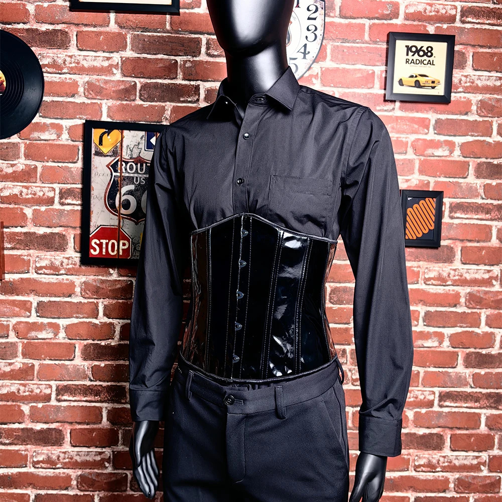 Mens tight corset tight top waist trainer abdominal control lace upper bone retro shiny PU leather body shaping 241029