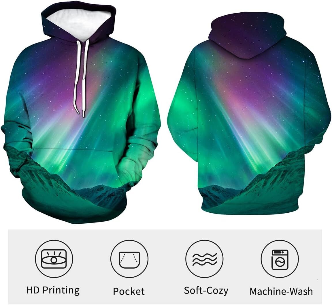 Hoodie for Mens Womens Colorful Aurora Borealis Sweatshirt Novelty Starry Night Graphic Theme Hoodie Graphic Hoodies sweatshirt Fashion and leisure