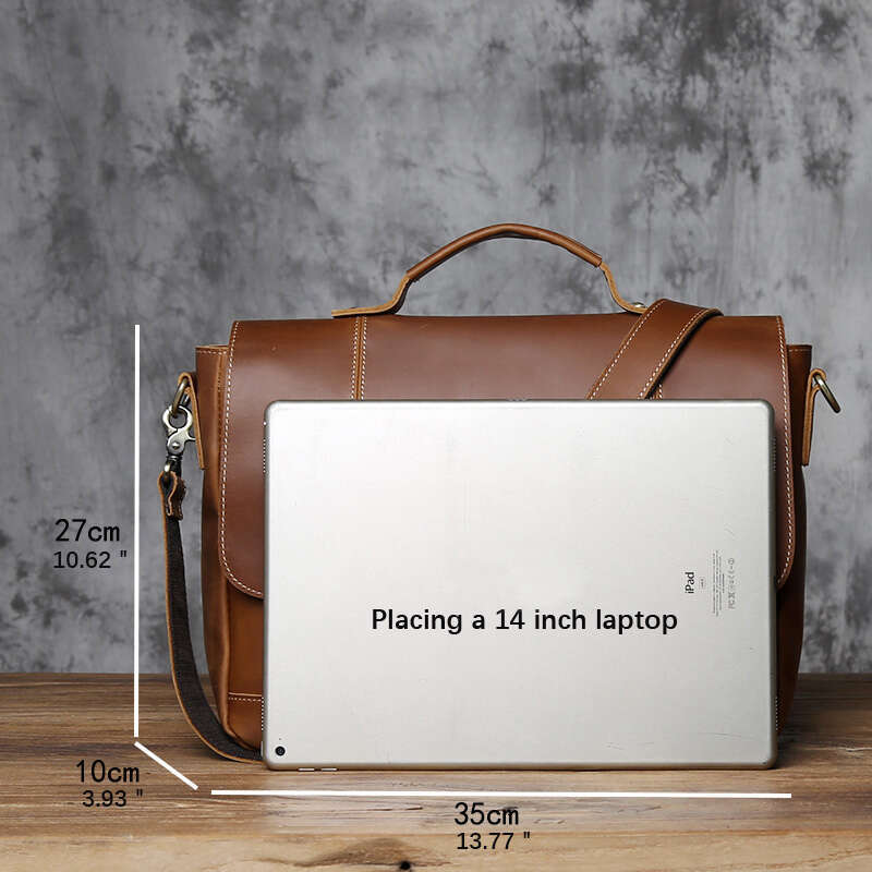 Vintage Men's Briefcase Crazy Horse Leather Handbag Casual Natural Cowhide Computer Shoulder Messenger Bag
