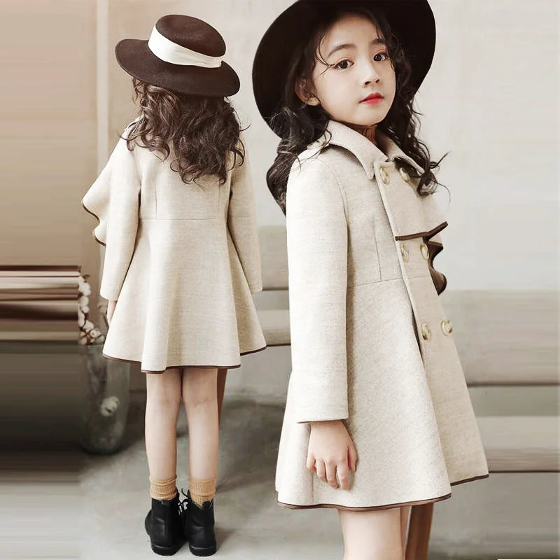 Girls Warm Woolen Coat Winter Thicken Outerwear Girl Woolen Jacket Kids Ruffle Sleeves Long Overcoat Autumn Fashion Girl Jackets 241028
