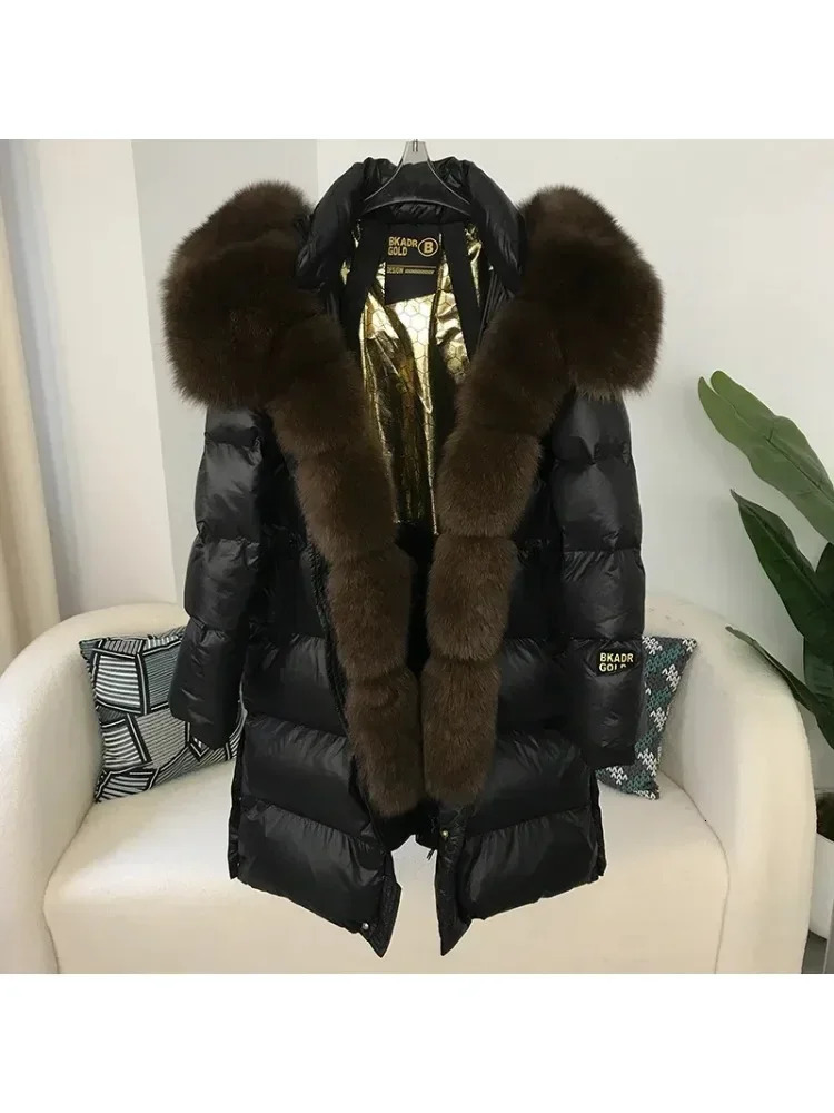 Fox Fur Raccoon fur collar hooded winter jacket womens thick duck style long street jacket detachable 241024