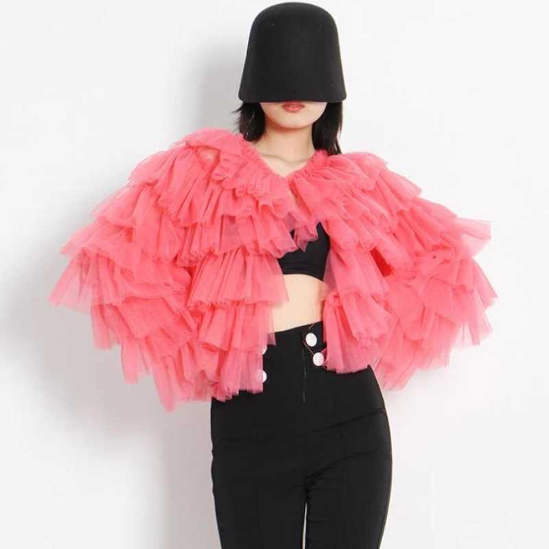 Women's Jackets Chic Perspective Mesh Stitching Ruffles Pleated Cake Shirts Long Flare Slve Gauze Lotus Multi-Layers Blouses Cardigan Tops Y24102