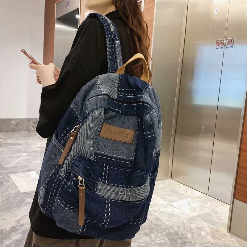 CMM Trendy Cool Patch Women Backpack Washed Denim College Men Female Laptop School Bags Large Capacity Travel Shoulder Bag 241029