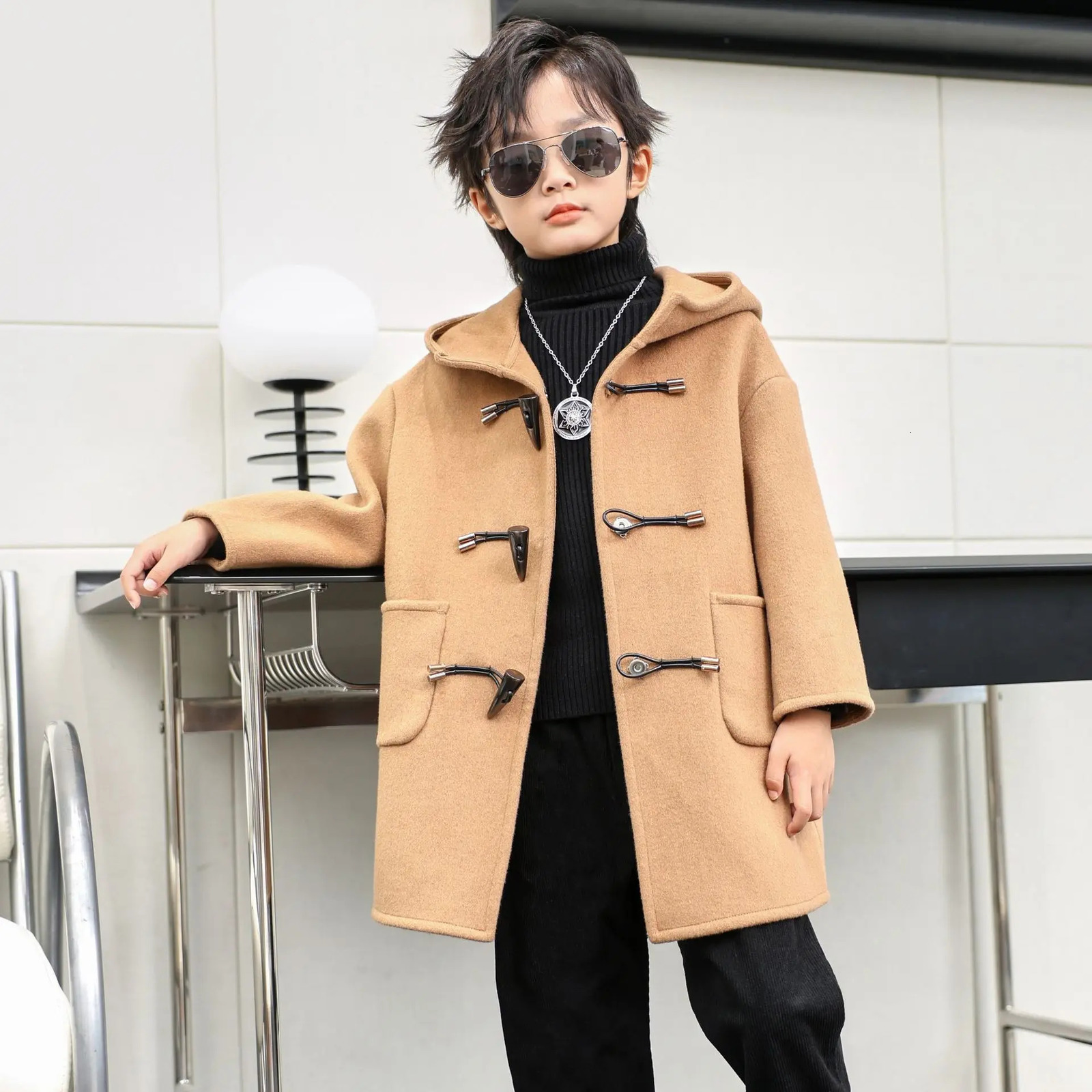 Boys Girls Windproof Outdoor Long Jacket Children Winter Red Green Wool Coat Kids Fromal Birthday Party Pography Woolen Coat 241028