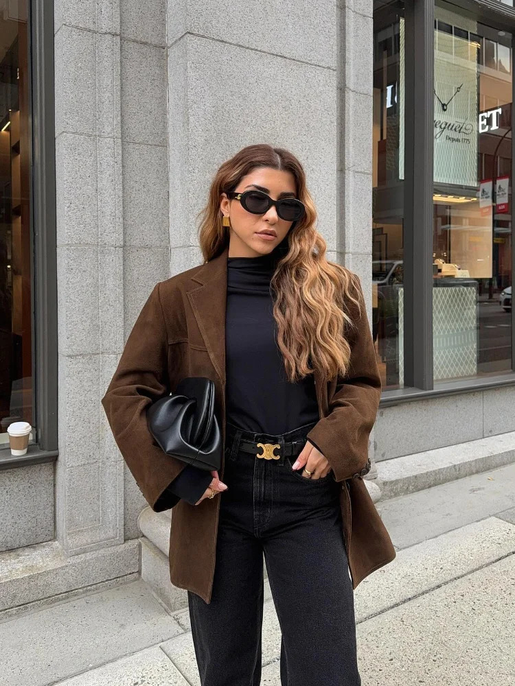 Retro brown single chest pocket suede casual lapel full sleeve womens autumn/winter warm jacket 241025