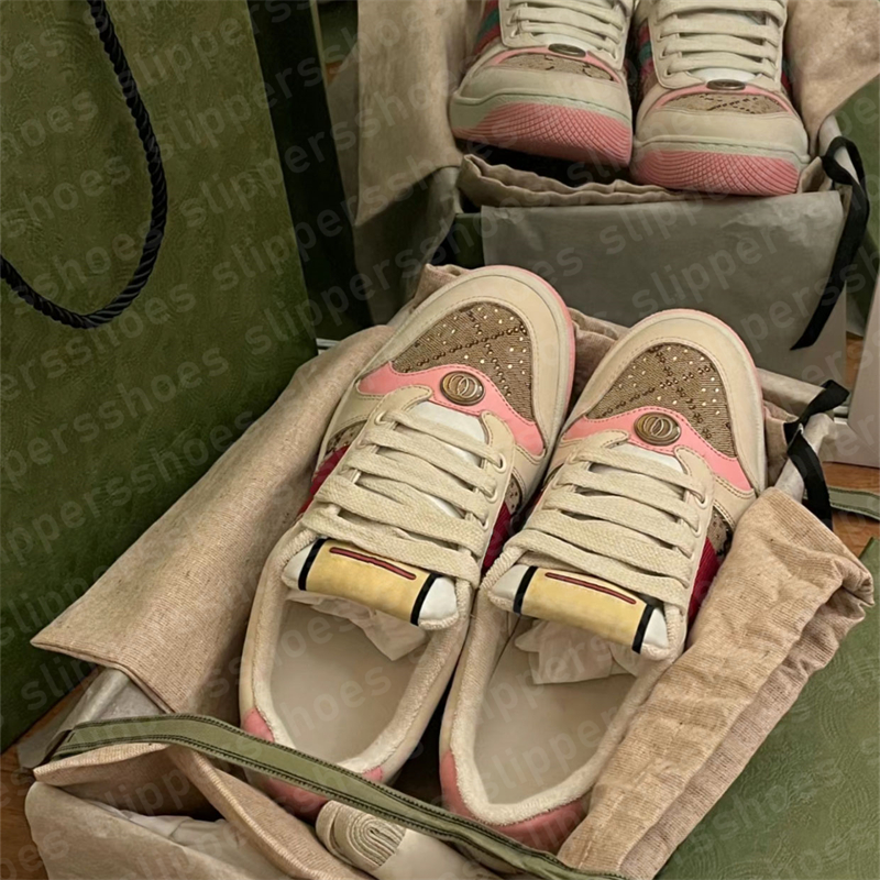 designer Little dirty shoes Leather Rhinestone Flat Retro Sneakers Classic Green Blue Pink Vintage Embroidery Low Top Tennis Shoes 002