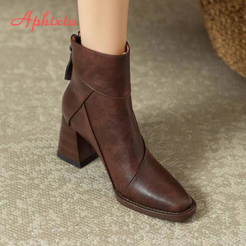 Aphixta Leather Women Ankle Boots Back Zipper Close Modern Boots High Heels Shoes Woman Boats botines para mujeres 241028