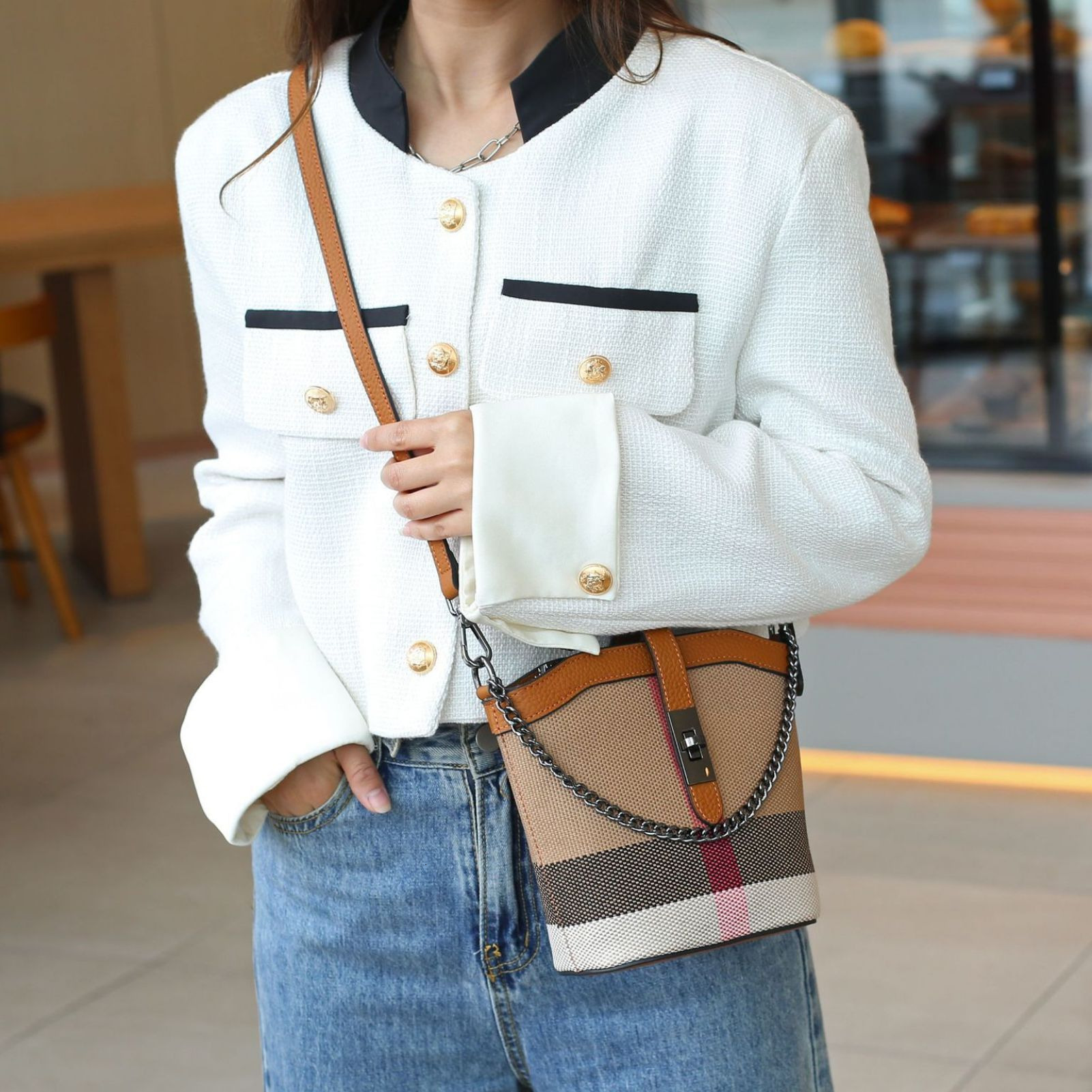 New Plaid Shoulder for Women 2023 Simple Brand Designer Crossbody Trends Ladies Canvas Small Bag ddmymoon