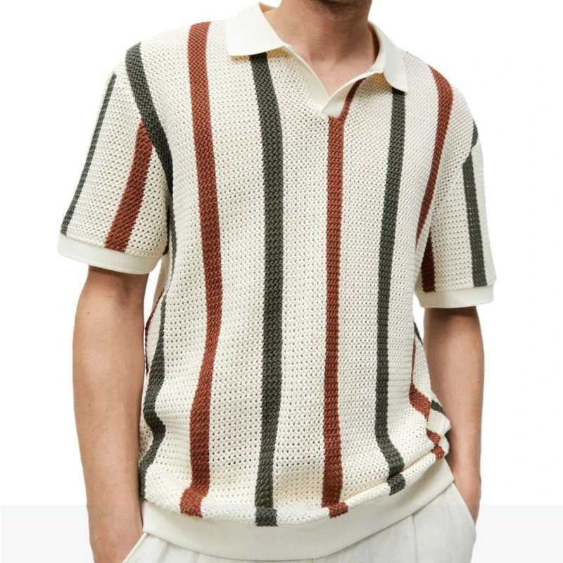 Summer New Short Sleeved Knit Mens Polo Shirt Panelled Lapel Trend Hollow Out Screw Thread Vertical Stripe Breathable Thin TopsX241028