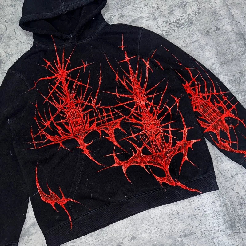 Gothic geometric printed oversized long-sleeved hoodies for men y2k streetwear American vintage baggy sweatshirts 241028