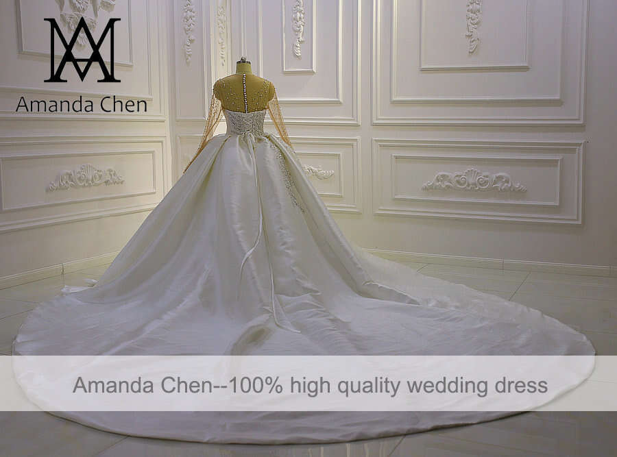 Trouwjurk Full Sleeve Lace Appliques Pearls Satin Ball Gown Wedding Dress 0228Lz