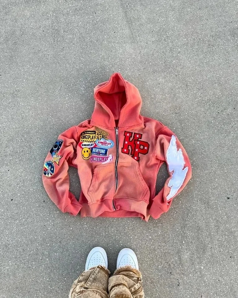 Y2k Fashion Retro Punk Fashion Zipper Hoodie American Street Harajuku Hip Hop Alphabet Embroidered Oversized Sweatshirt 241028
