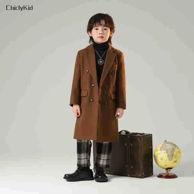 Boys Autumn Winter Solid Fashion Double-breasted Long Woolen Coat Kids Windbreaker Jacket Children Outerwear Thick Overcoat 241028