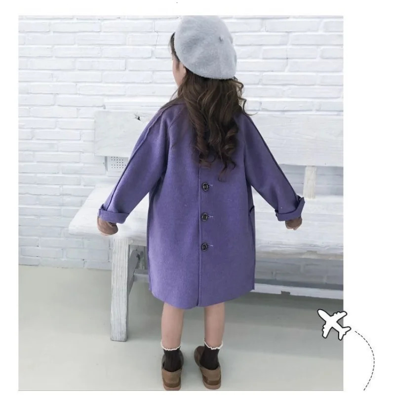 Spring and Autumn Girls Solid Color Fashion Versatile Windproof Warm Polo Collar Woolen Long Coat for 4-10 Years 241028