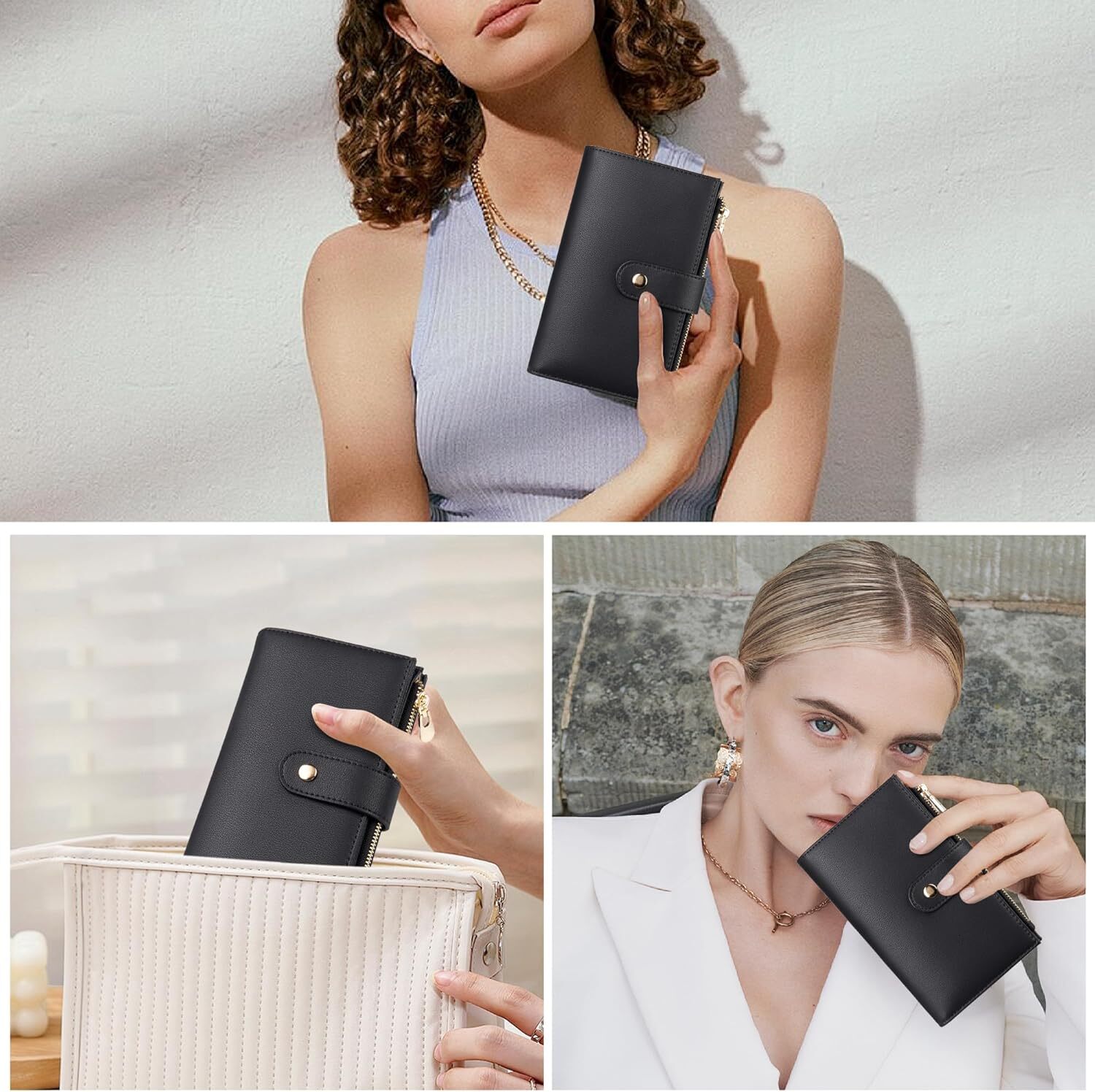 Yiijay Shielded Artificial Leather Triple Fold Handbag Credit Card Bag Women's Travel with Pen Bag, 1 Black, RFID Wallet