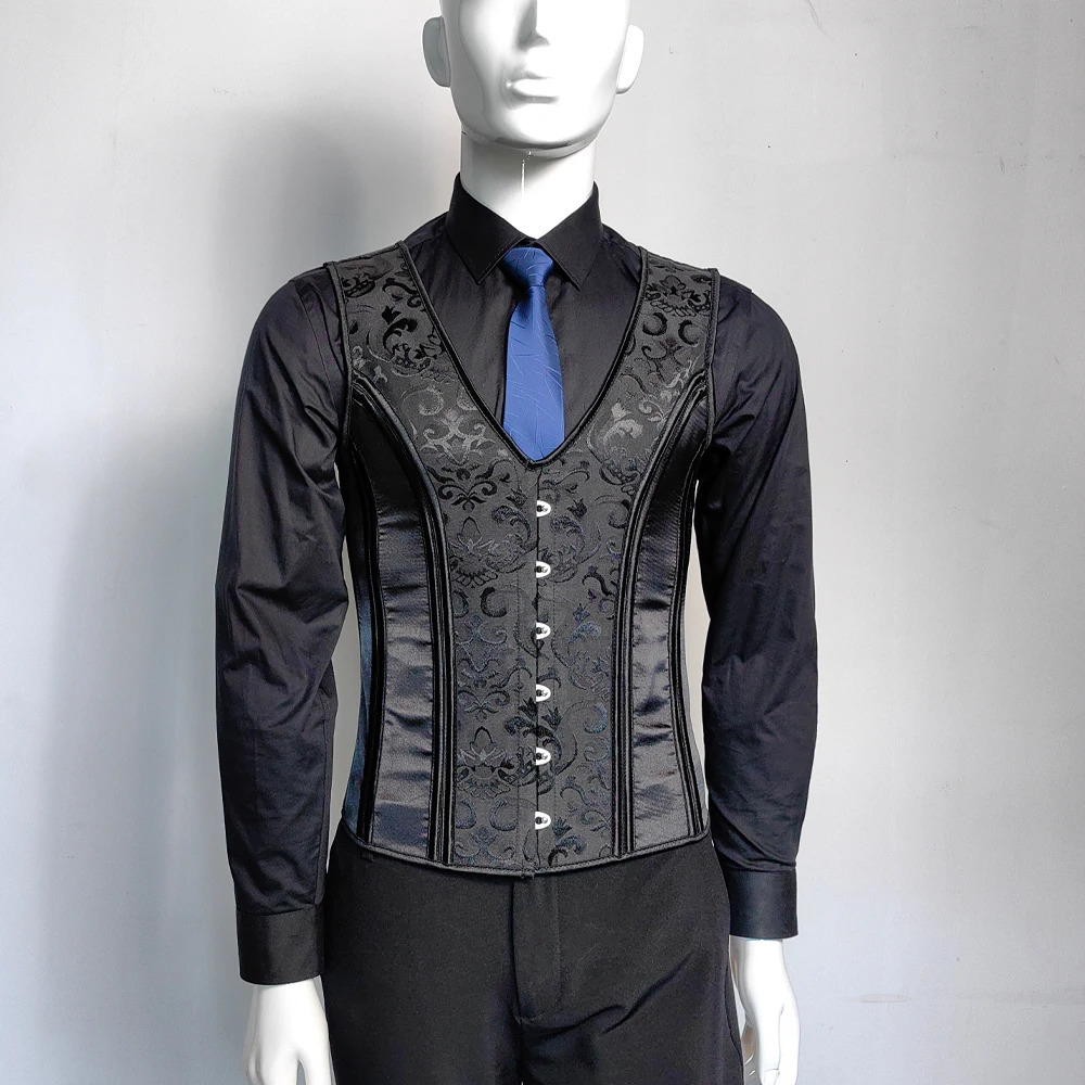 Mens tight corset vest slim waist formal dress waist jacket belly control shaping top wedding stage costume lace tank top black 241029