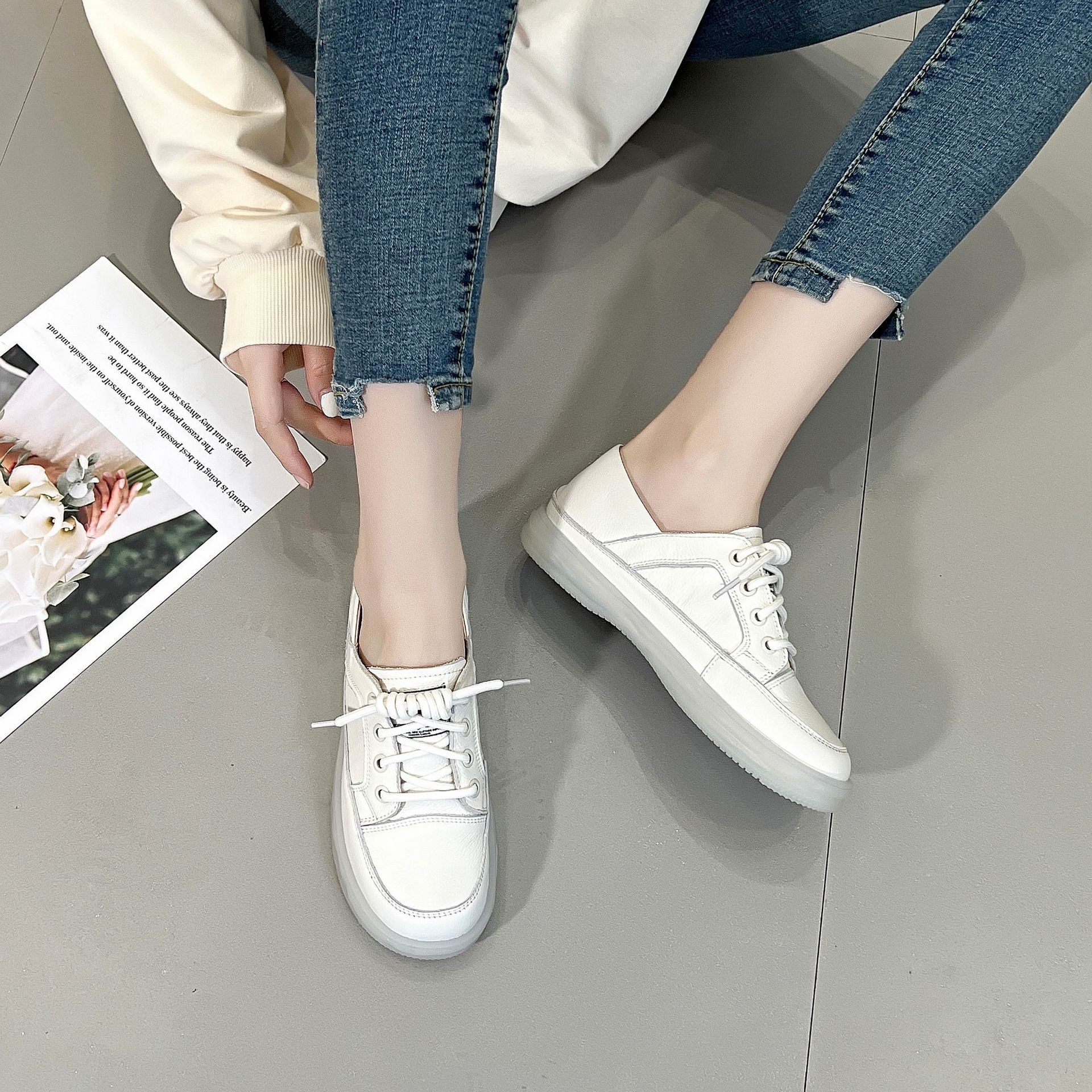 Head layer cowhide small white shoes female summer two wear flat bottom breathable maternity casual shoes leather nurse shoes sports board shoes