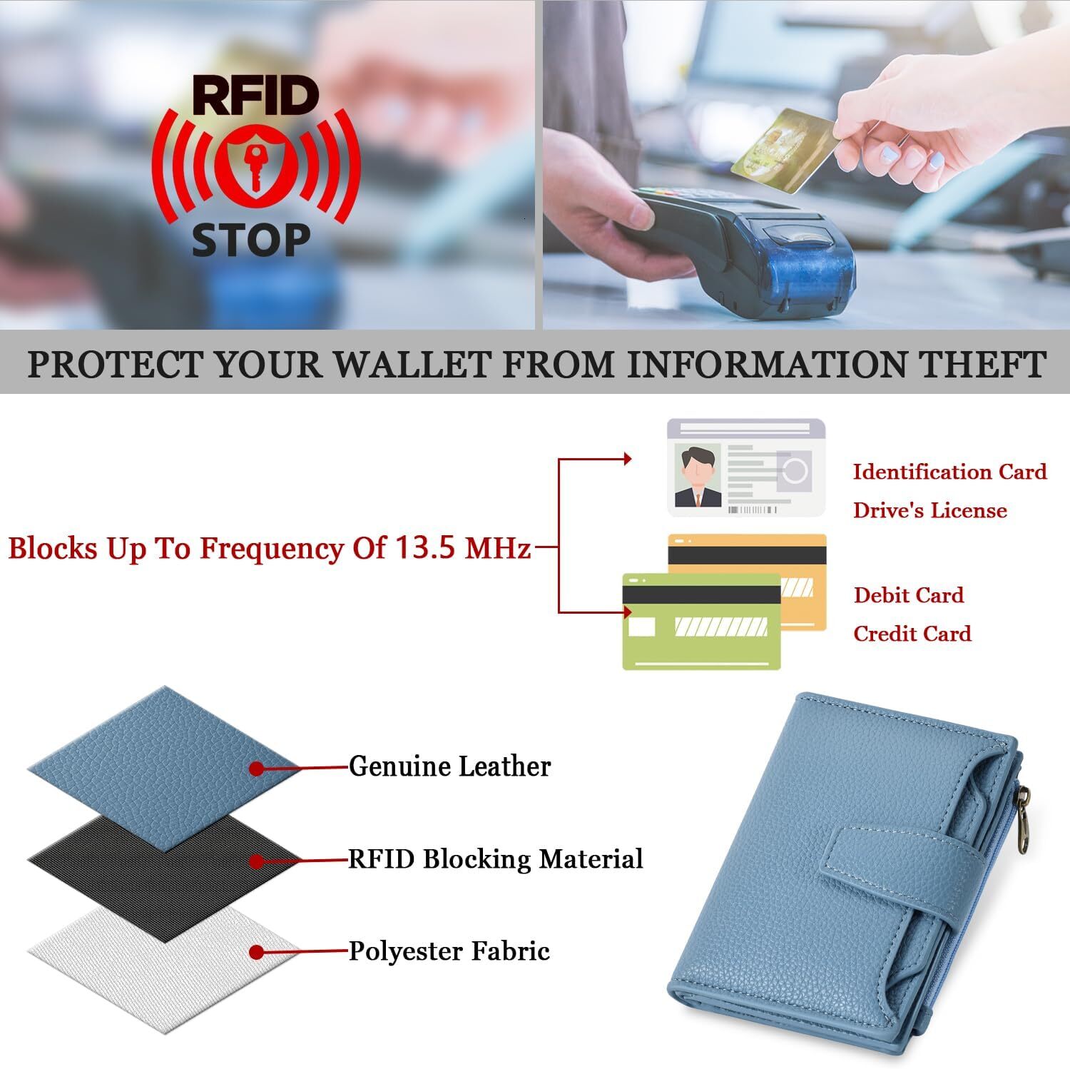 Airkit Leather Small Women's Double Fold Compact RFID Shielded Credit Card Clip, Girls' Mini Travel Pocket Passport Wallet, Comes with 4 ID 