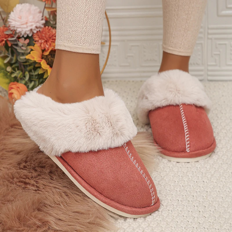 Closed Toe Warm Cotton Slippers Women Faux Fur Thicken Plush Winter Home Shoes Woman Lightweight Casual Indoor Slides Female 241028