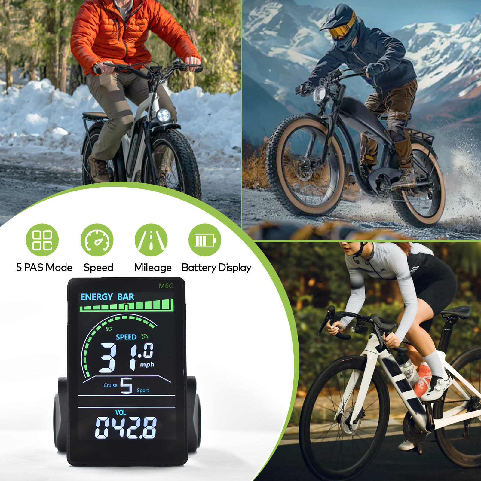 Electric Bike LCD Screen M6C (24V-60V) with USB & UART - Univeral Motorcycle LED Monitor