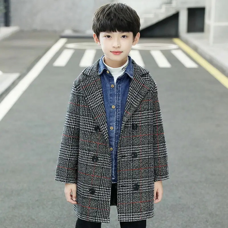 5-14T Boys Woolen Coat For Winter Fashion Plaid Turn Collar Thick Warm Woolen Jacket Gray/khaki High Quality 241028