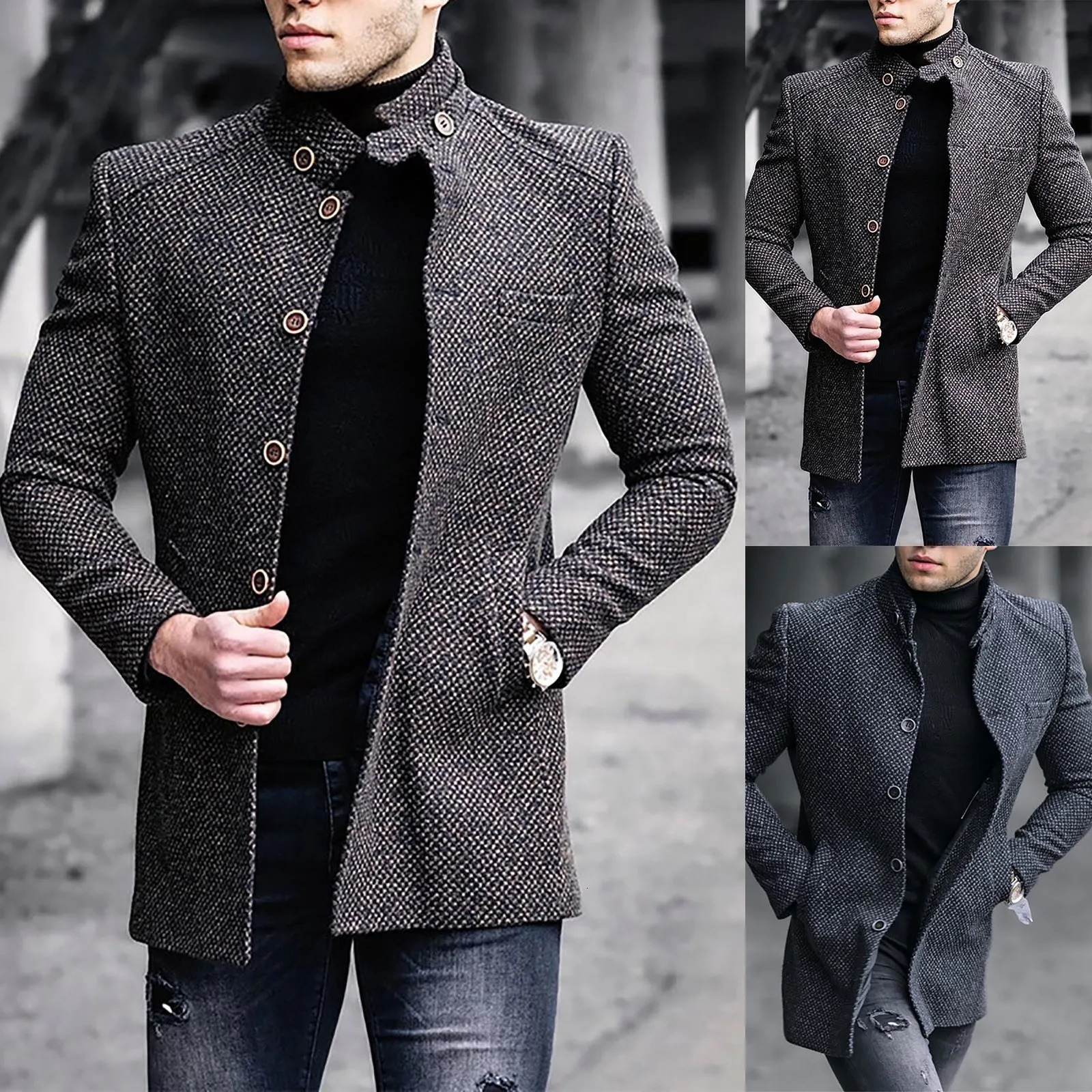 Autumn and winter vintage printed wool coat mens casual single chest lapel long sleeved coat mens fashionable loose pocket mid length jacket 241024