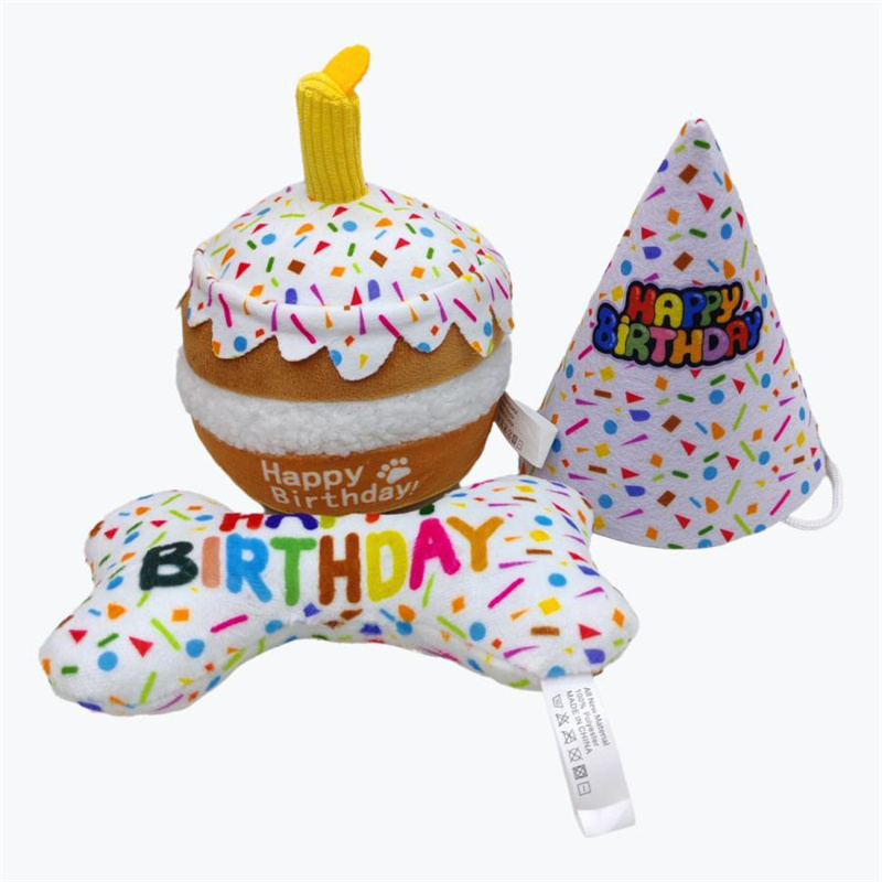 Others Dog Toys Chews Dog Birthday Cake Toy - Dog Girl Boy Gifts Squeaky Plush Dog Birthday Bone Toy and Hat H250217