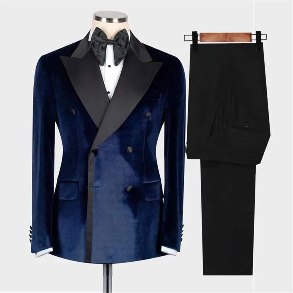Elegant mens jacket double breasted velvet black lapel formal business 2-piece set jacket ultra-thin fit clothing mens 241028