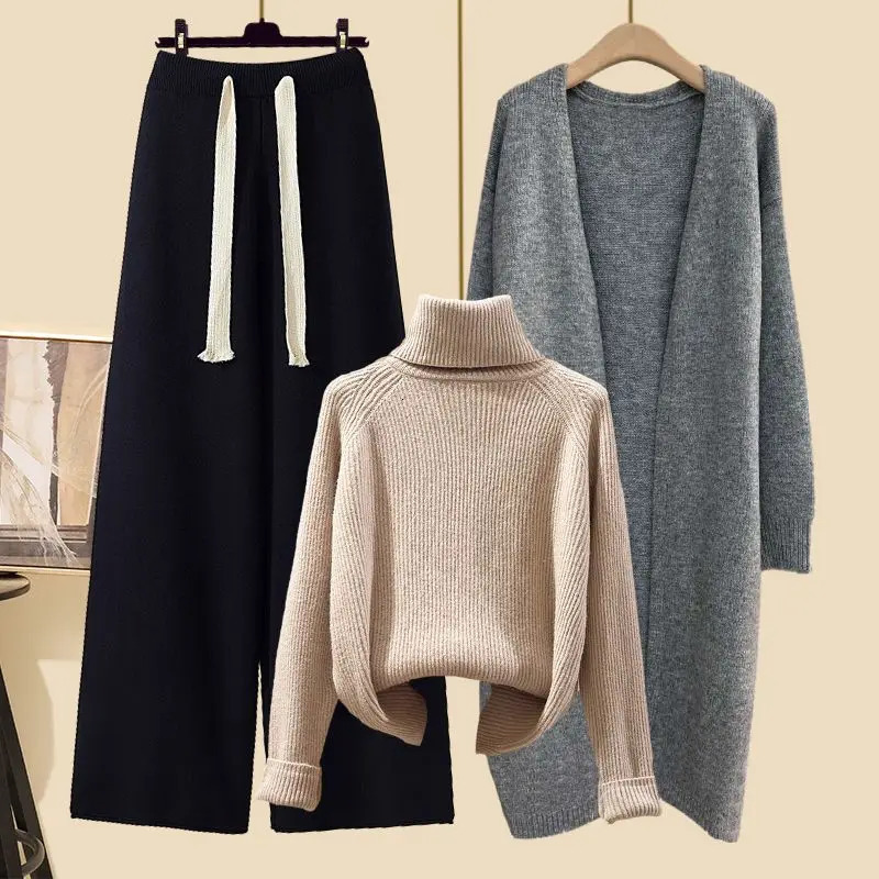 Winter High Neck Knitted Sweater Casual Knitted Windbreaker Knitted Wide Leg Pants Three Piece Elegant Womens Pants Set 241028
