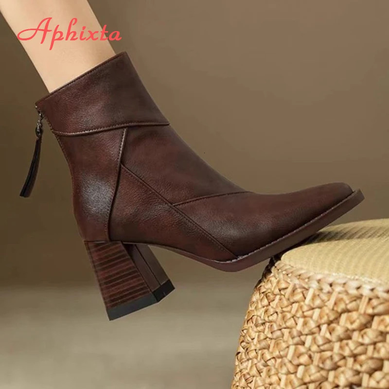 Aphixta Leather Women Ankle Boots Back Zipper Close Modern Boots High Heels Shoes Woman Boats botines para mujeres 241028