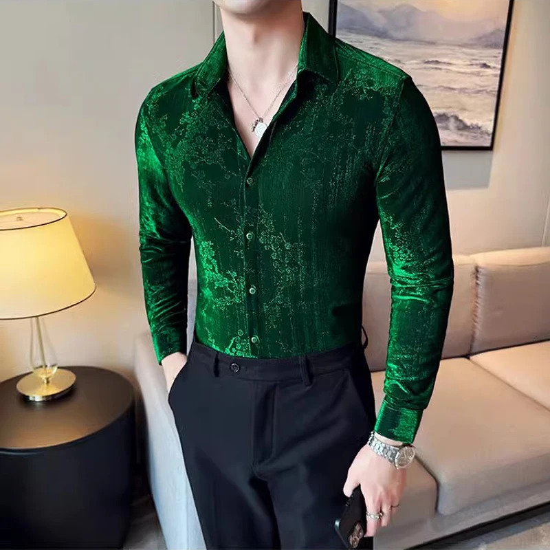 Retro velvet shirt mens autumn and winter floral jacquard ultra-thin long sleeved mens tailcoat shirt and elegant mens social shirt 4XL 241028bj