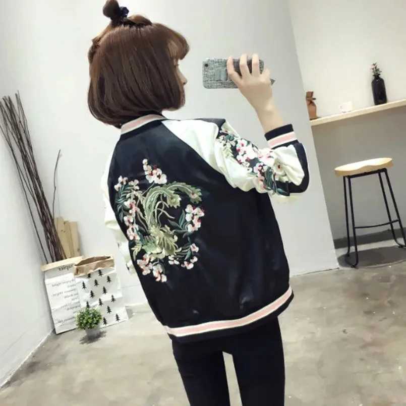 Women's Jackets Womens satin Sukajan embroidered bomber baseball jacket double-sided womens coat floral Harajuku autumn Japanese silk girl Y24102