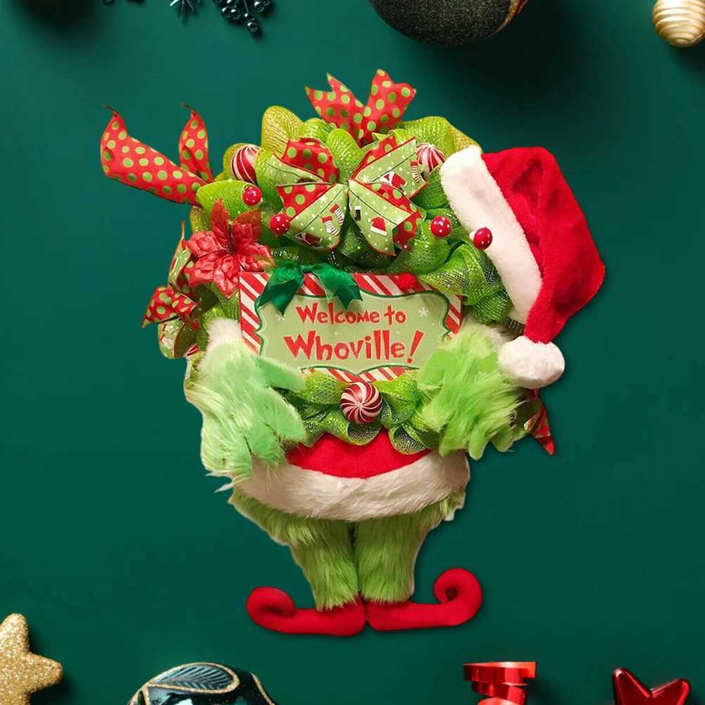 Green Hairy Monster hanging Ornament PLush The Thief Christmas Tree Decor Grinch Leg Wreath Door hanging New Year DecorationXJ241029