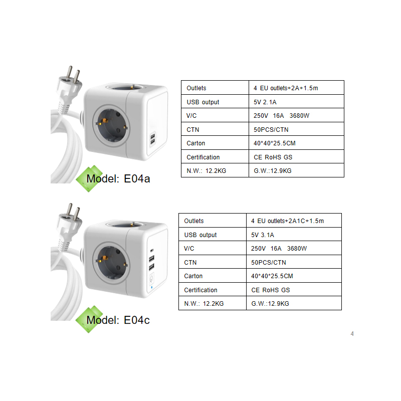 Portable EU power cube socket 4 ways and 2 USB ports outlet for indoor and travel power strip