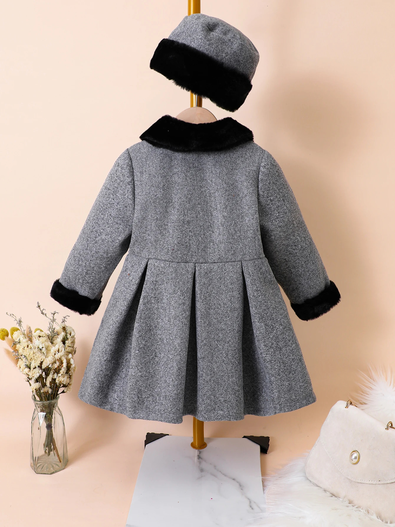 Girls autumn and winter fashionable British style coat with fur collar bow tie woolen coat and hat 241028