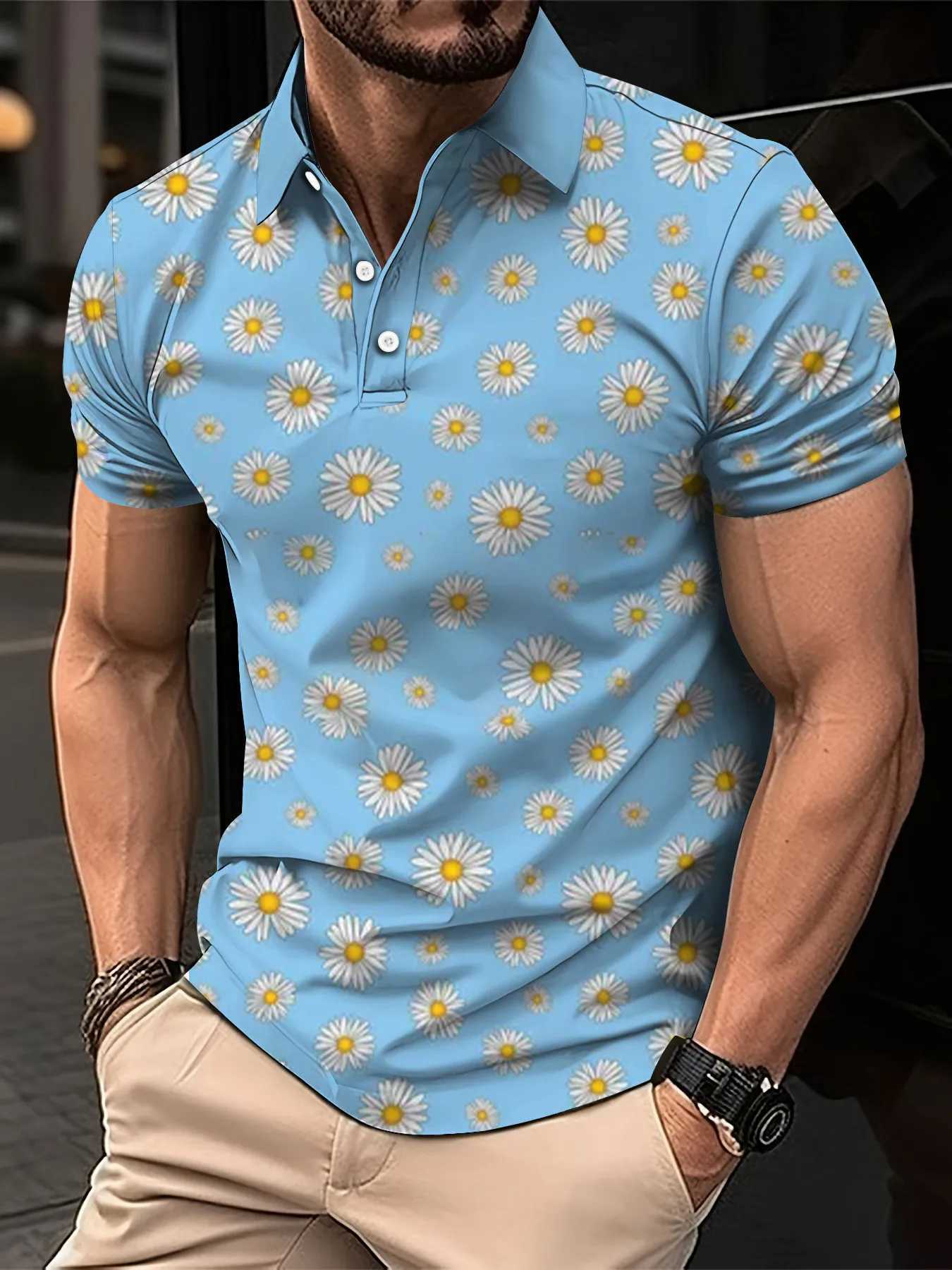 New Mens Polo Shirt Street Casual Short Sleeve Flower Print Buttons Tops Fashion Pullover Oversized Clothing Male Golf WearX241028