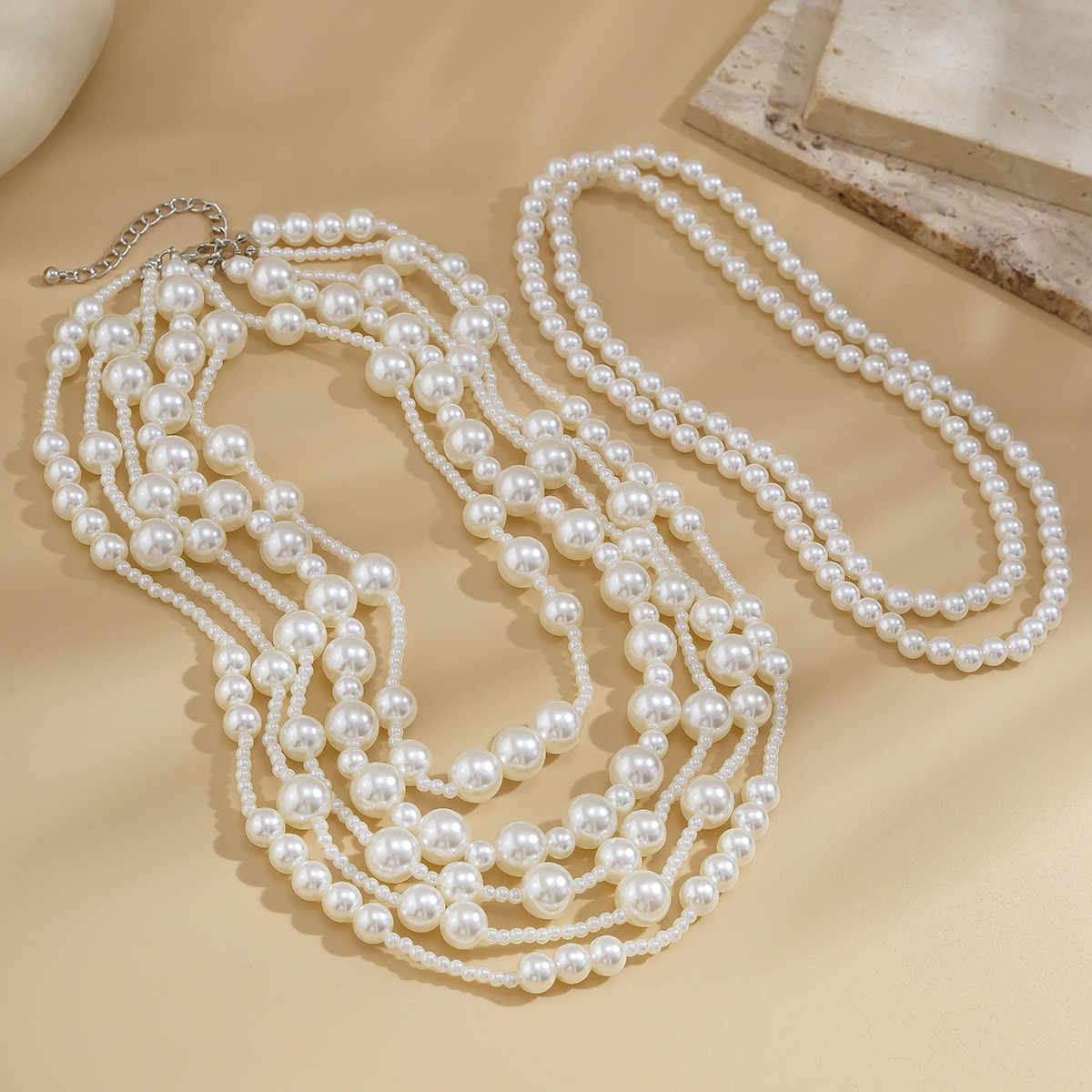 European and American Exaggerated Multi-layer Imitation Pearl Necklace Women's Dress Fashionable Bride's Small Fragrance Bead Necklaces Set