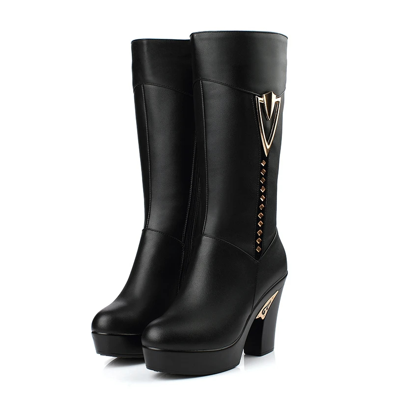 AIYUQI winter women boots first layer of leather high heeled genuine leather boots Gaotong thick with long barreled boots wool