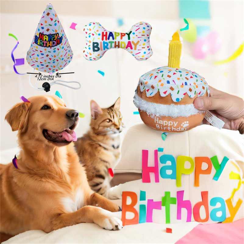 Others Dog Toys Chews Dog Birthday Cake Toy - Dog Girl Boy Gifts Squeaky Plush Dog Birthday Bone Toy and Hat H250217