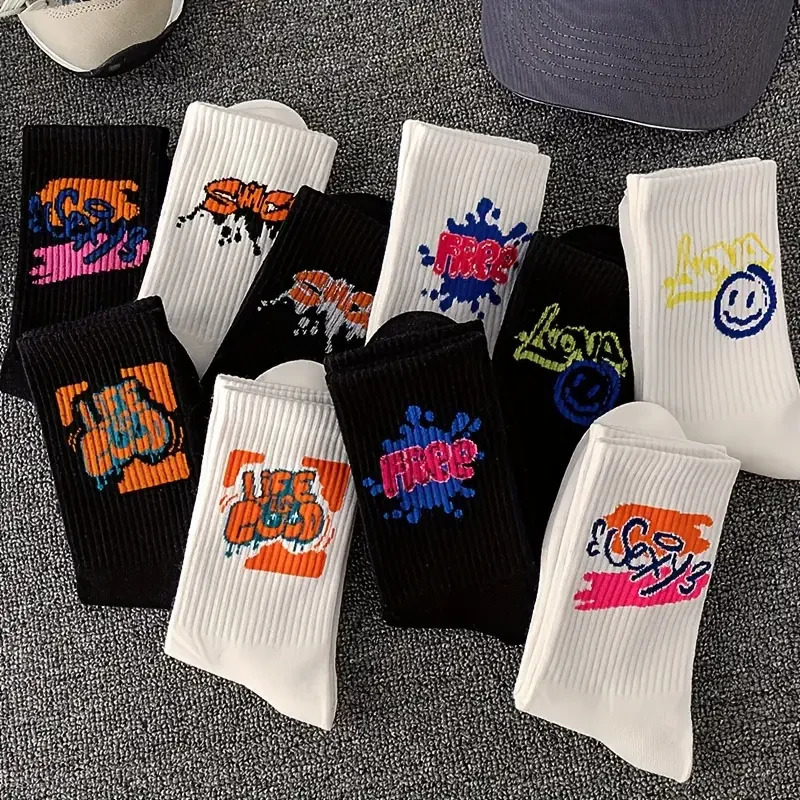 510 Pairs of HighQuality Couples Fashionable Sports Socks With Graffiti Patterns Soft and Comfortable Mens Oversized 241028