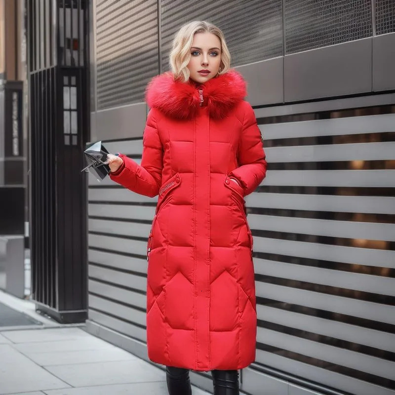Parkas Winter Womens Jacket Long Coat 2024 Thick Coat Fur Collar Hooded Zipper Warm Chiffon Womens Apron 2